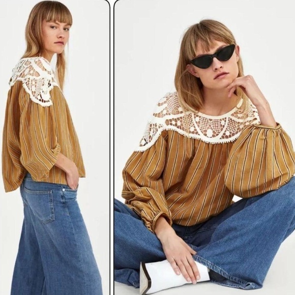Zara Women Crochet Detailed Striped Fall Cottagecore Blouse, L - Picture 1 of 9